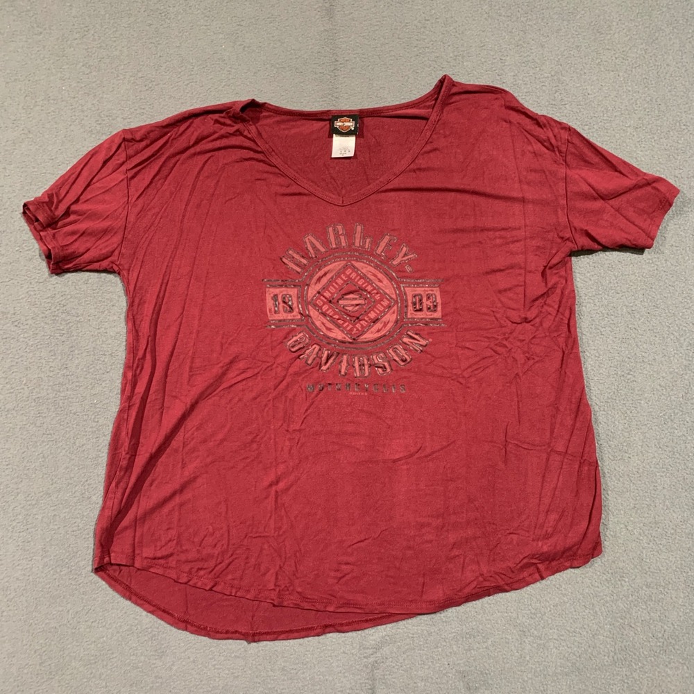 Harley Davidson Motorcycles T Shirt Womens Burgundy V Neck Short Sleeve Thin M‎